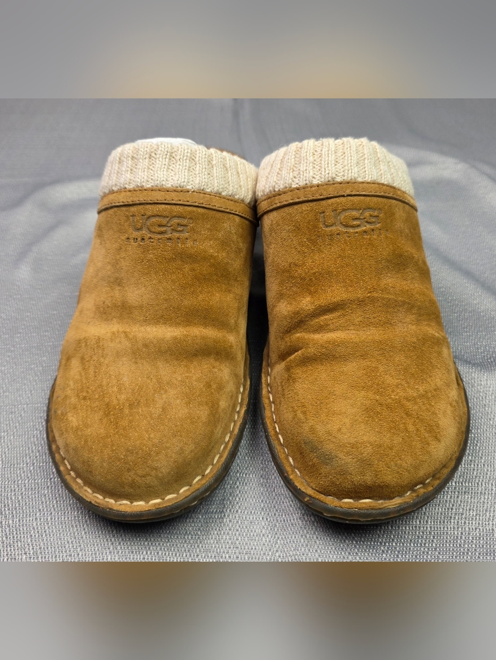 UGG Chestnut Suede Slip-On Clogs with Cream Knit Cuff